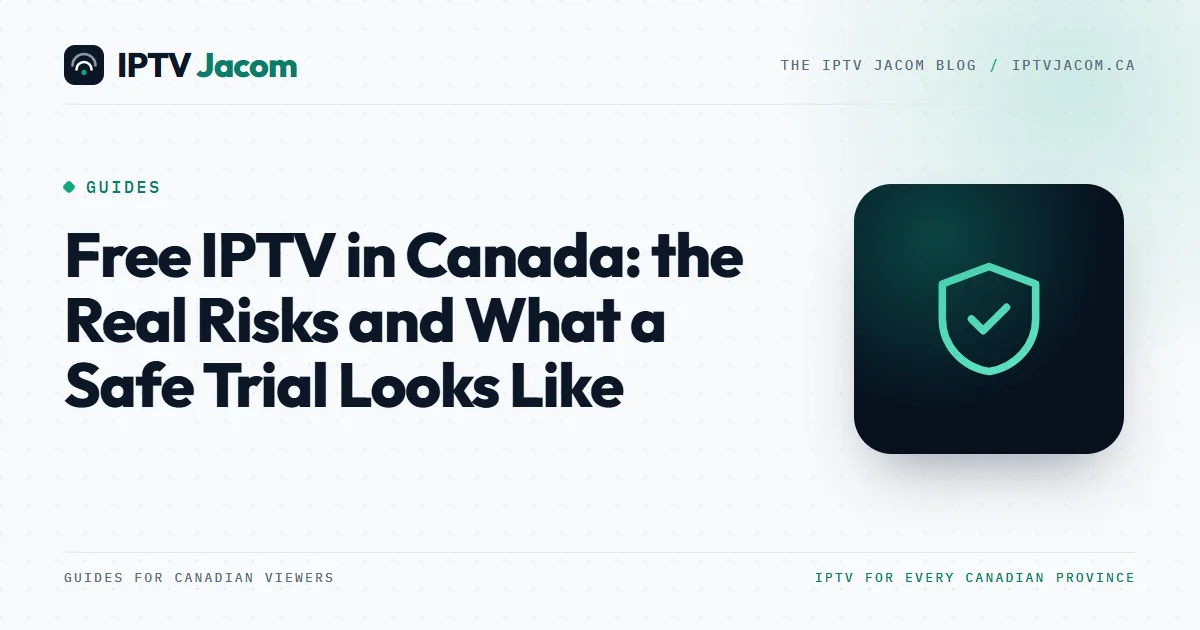 Warning symbol over a list of TV channels on a laptop: the risks of free IPTV in Canada