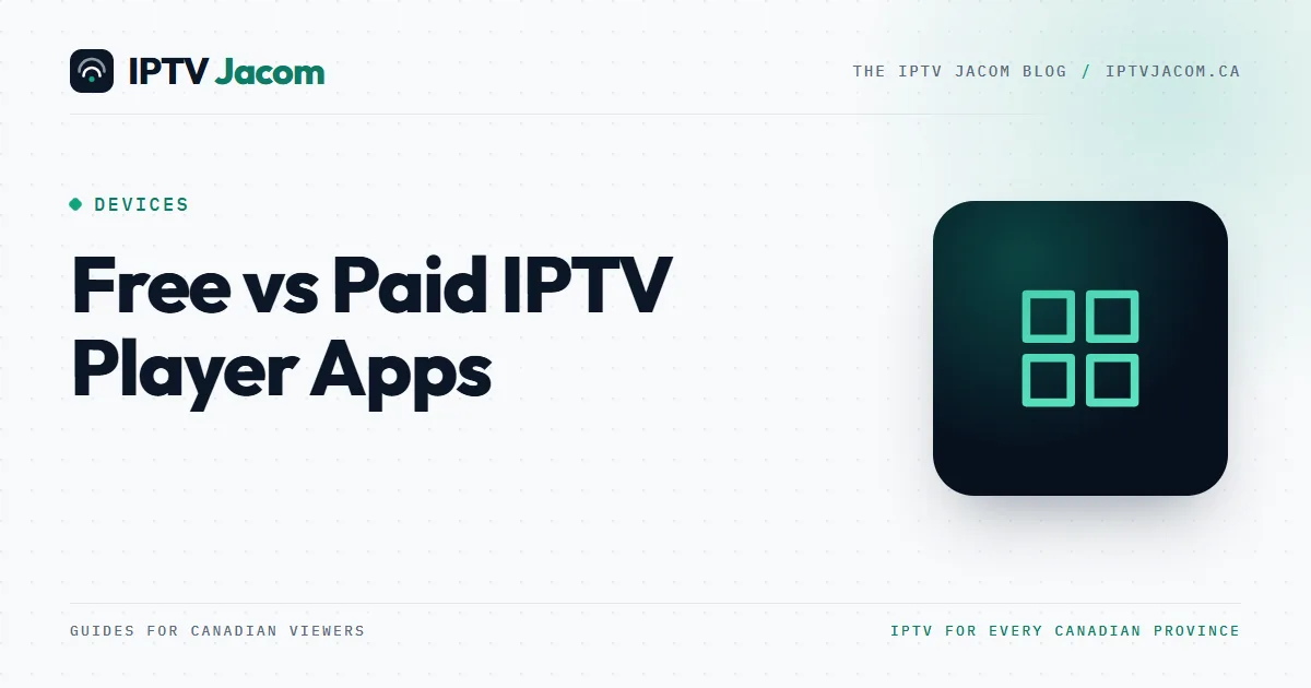 Blog cover titled Free vs Paid IPTV Player Apps, with an app grid icon beside a TV guide screen
