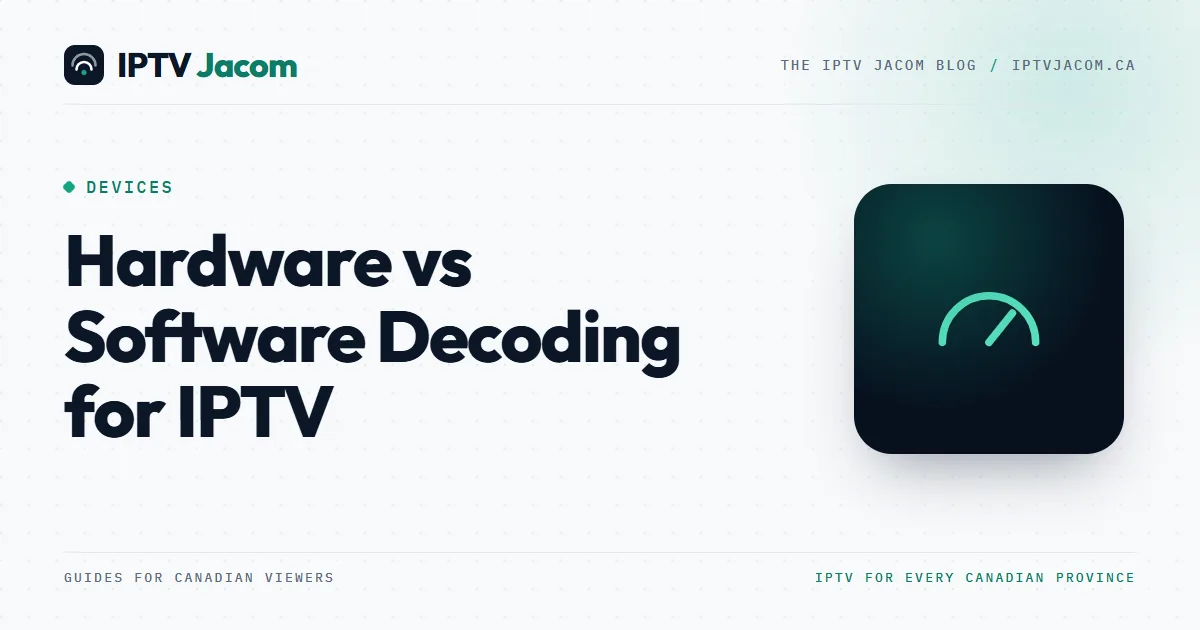 Blog cover titled Hardware vs Software Decoding for IPTV, with a gauge icon over a player settings menu