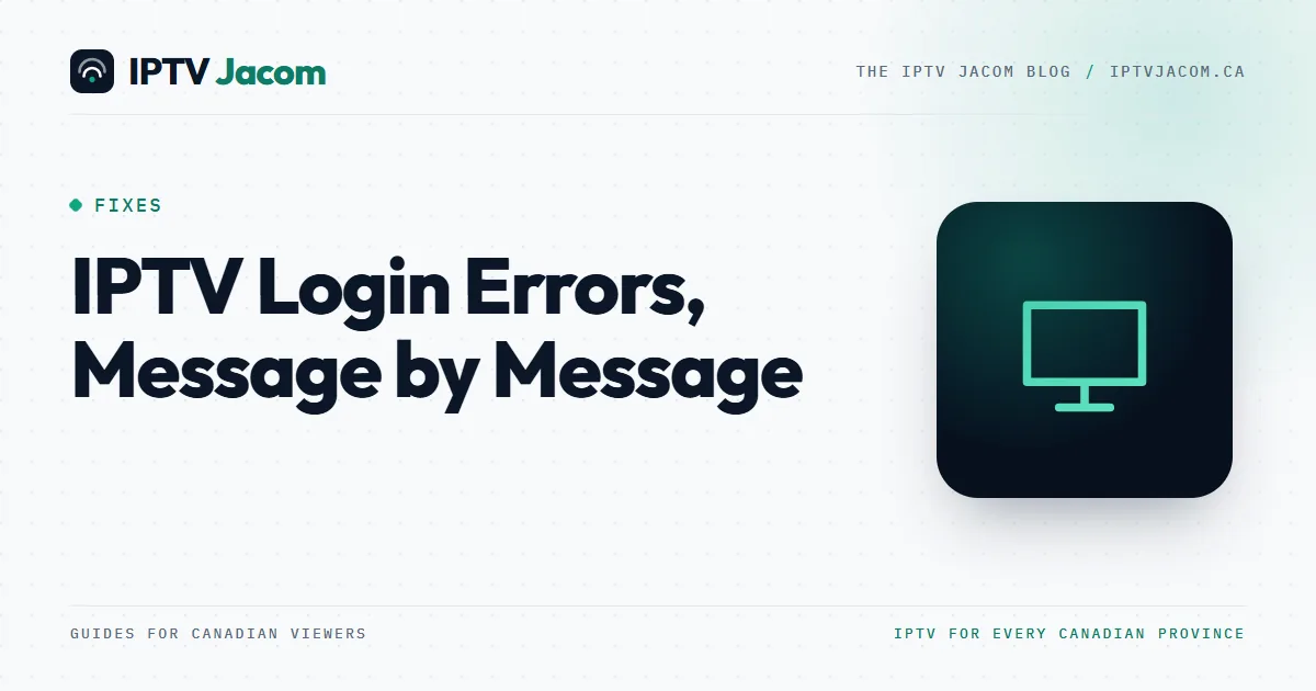 Cover for the IPTV login error guide: a TV sign-in screen with username, password and server fields and a padlock icon