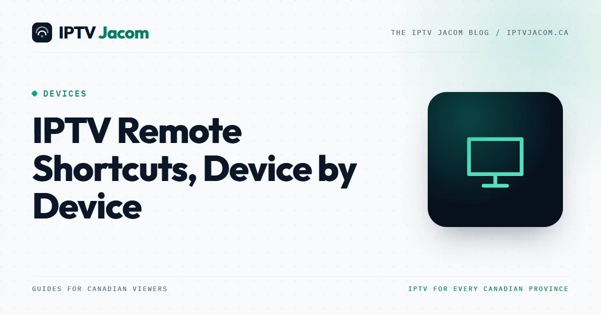 Cover for IPTV remote shortcuts: a streaming remote with labelled buttons in front of a TV guide grid