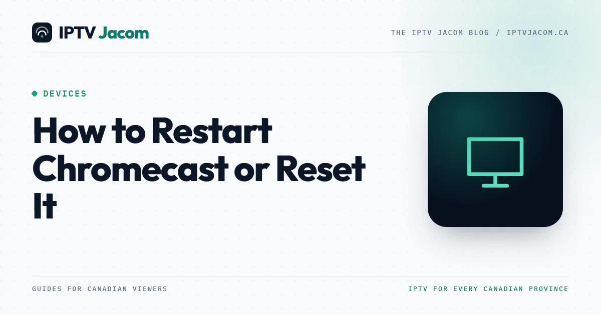 Blog cover titled How to Restart Chromecast or Reset It, with a cast icon over a Google TV settings menu