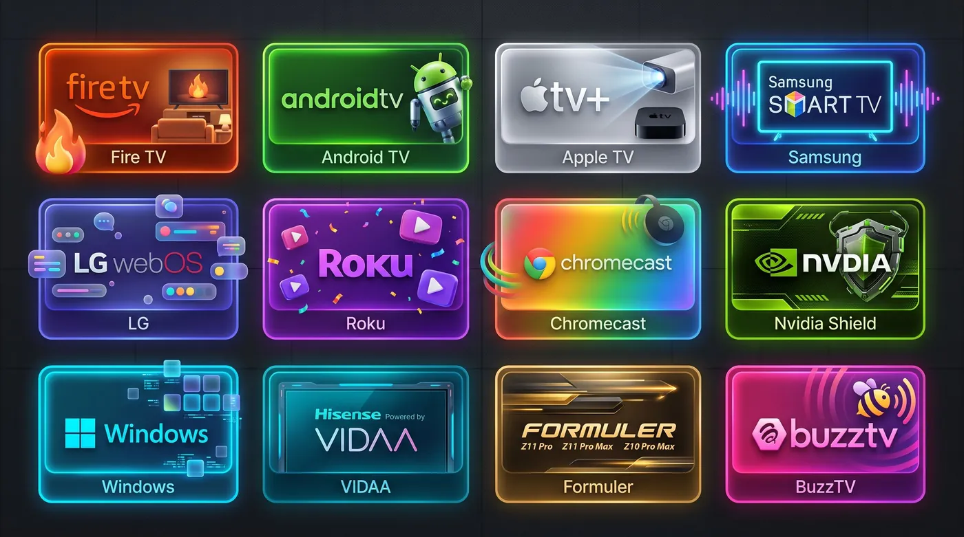 IPTV Canada on all devices: Fire TV, Android TV, Apple TV, Samsung, LG, Roku, Chromecast, Nvidia Shield, Windows, Hisense VIDAA, Formuler and BuzzTV