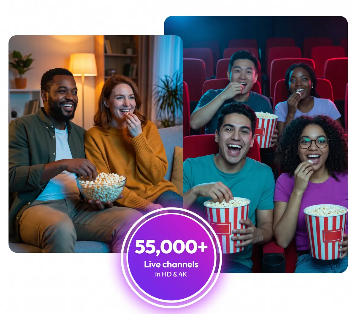 IPTV Canada: a couple and a group of friends watching movies with popcorn on IPTV Jacom, the Canadian IPTV service with 55,000+ live channels
