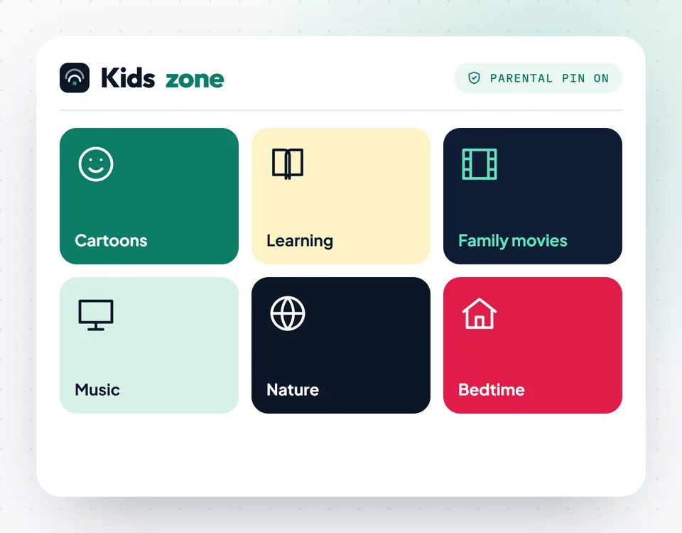 IPTV Canada for kids: the IPTV Jacom kids zone with cartoons, learning shows and family movies, protected by a parental PIN